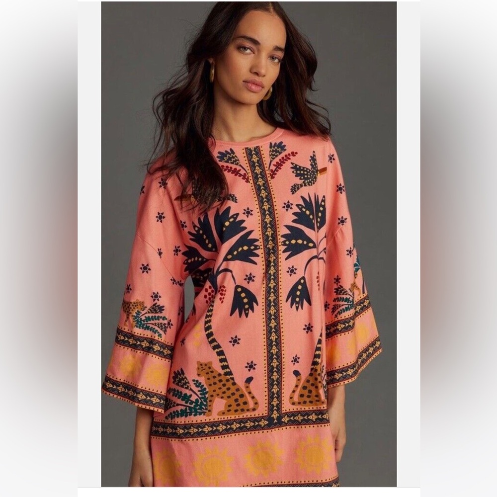 FARM Rio Coral Pink Mini Dress with Navy & Yellow Folk Print
